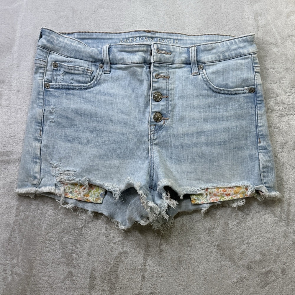 American Eagle Hi-Rise Shortie Denim Shorts Women's 10 Light Wash Distressed